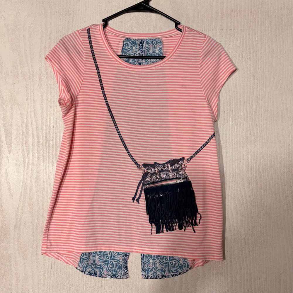 Jessica Simpson Graphic Tee XL Pink White Striped Fringed Bag Split Back